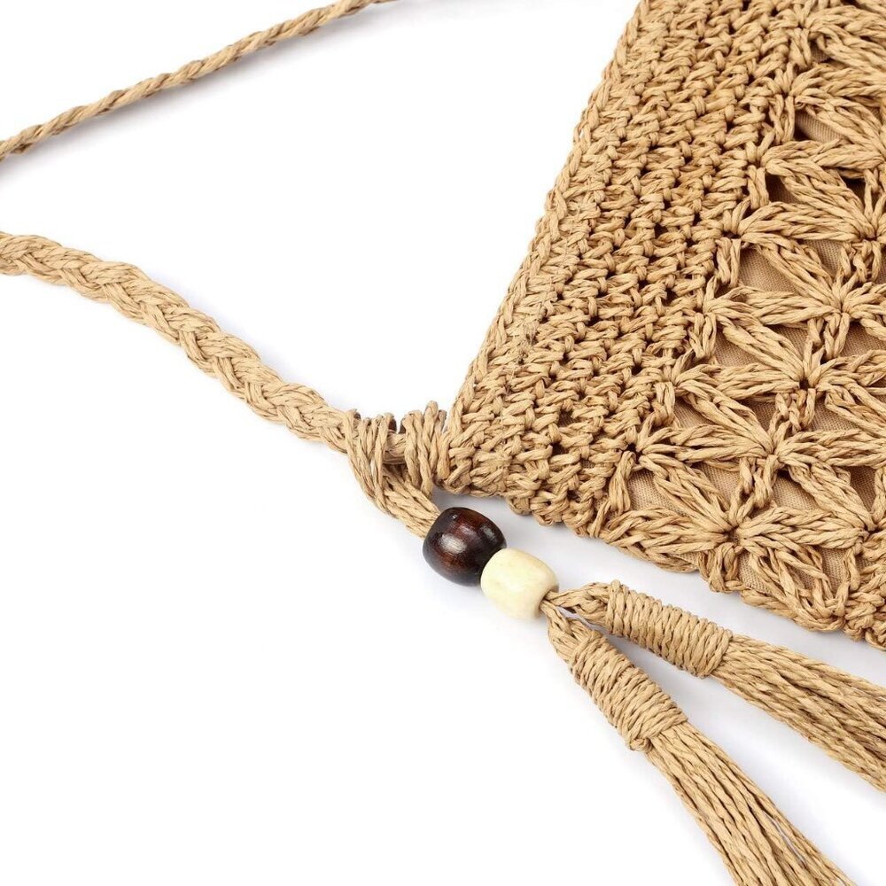 Women Straw Crossbody Purse Beach Handmade Woven Shoulder Bag with Tassels - Picture 7 of 7